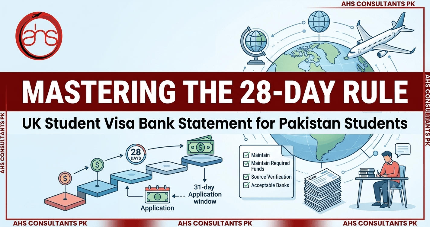Infographic explaining the 28-day rule for UK student visa bank statements for Pakistani students, with a step-by-step process and checklist icons.