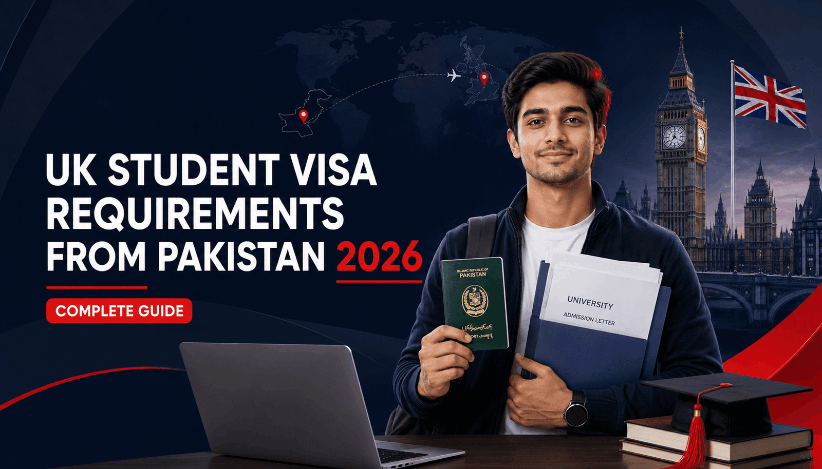 Pakistani student holding a passport and university admission letter for a UK student visa in 2026